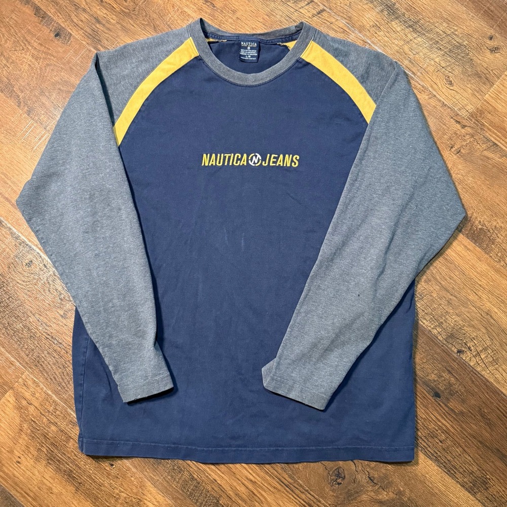 Vintage Nautica Jeans Co Long Sleeve Shirt Mens Large Navy Grey Yellow Raglan